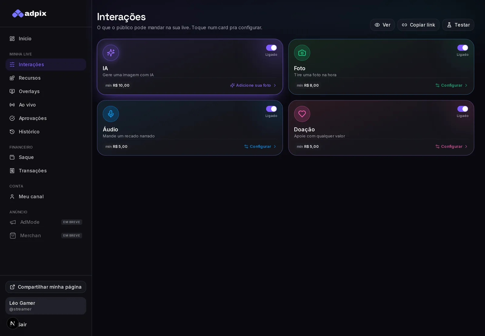 Painel do streamer com os modos de interação