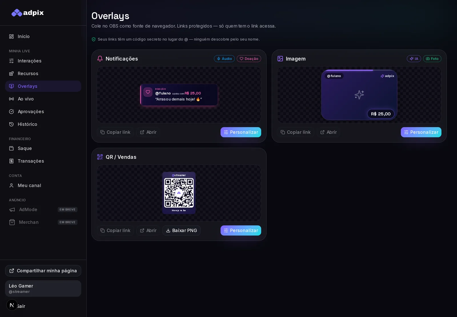 Tela de configuração dos overlays para o OBS